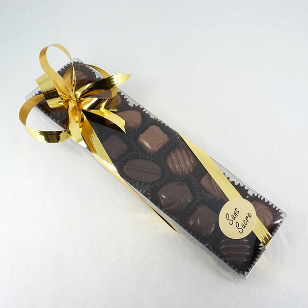 Boite transparente 14 chocolats belge édulcorés au maltitol